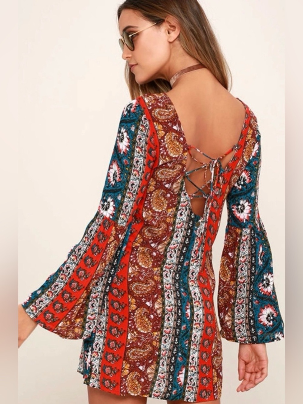 Billabong Rainy Roads Teal Print Boho Mini Dress with Bell Sleeves